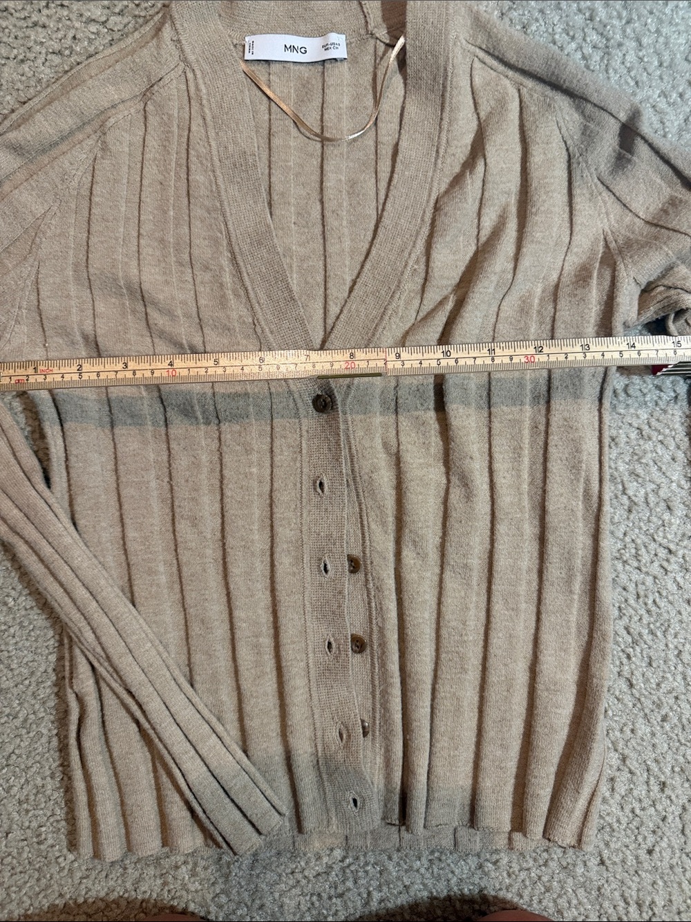Mango Tan Ribbed V-Neck Button-Front Cardigan, Small - Picture 3 of 5